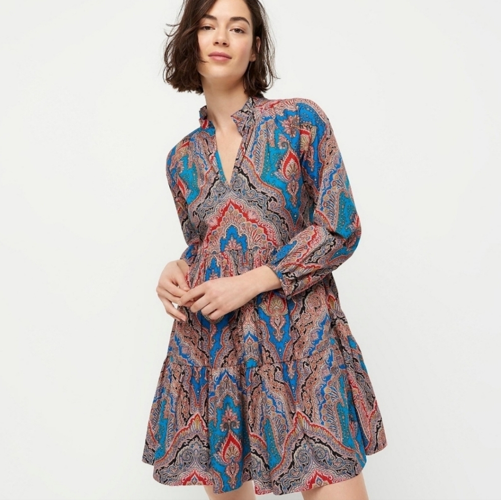 J Crew Tiered Popover in Ratti Mediterranean Paisley Ruffled Poplin Dress Sz XS